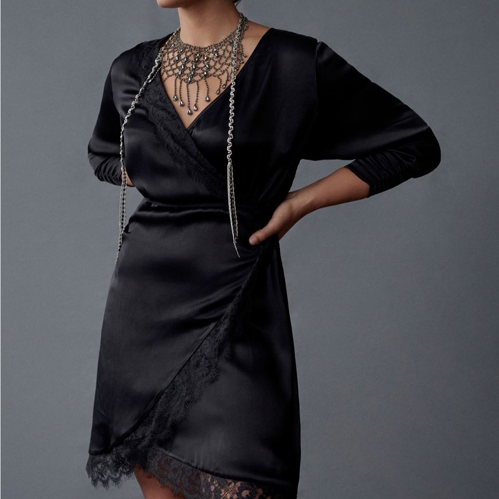 Anthropologie Elegant Black Wrap Dress with Lace Trim